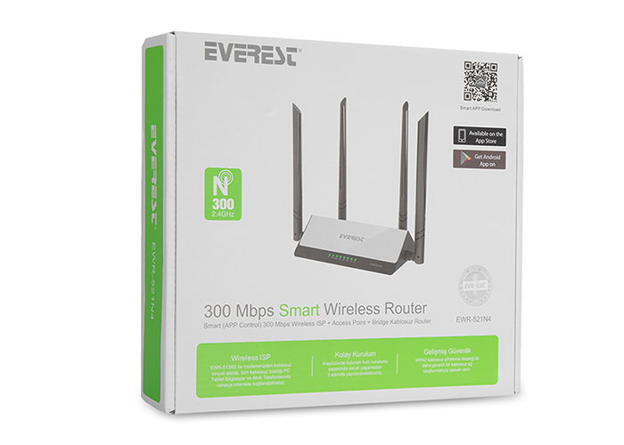 EVEREST-EWR-521N4 Everest EWR-521-N4 Kablosuz-N WPS + WISP+WDS 300 Mbps Repeater+Access Point+Bridge Kablosuz Router